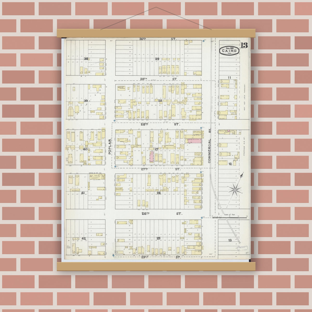 Old map wall art mockup — magnetic wood frame on brick wall — Sanborn Fire Insurance Map from Cairo, Alexander County, Illinois (1891), Sheet #0013