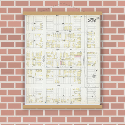 Old map wall art mockup — magnetic wood frame on brick wall — Sanborn Fire Insurance Map from Cairo, Alexander County, Illinois (1891), Sheet #0013