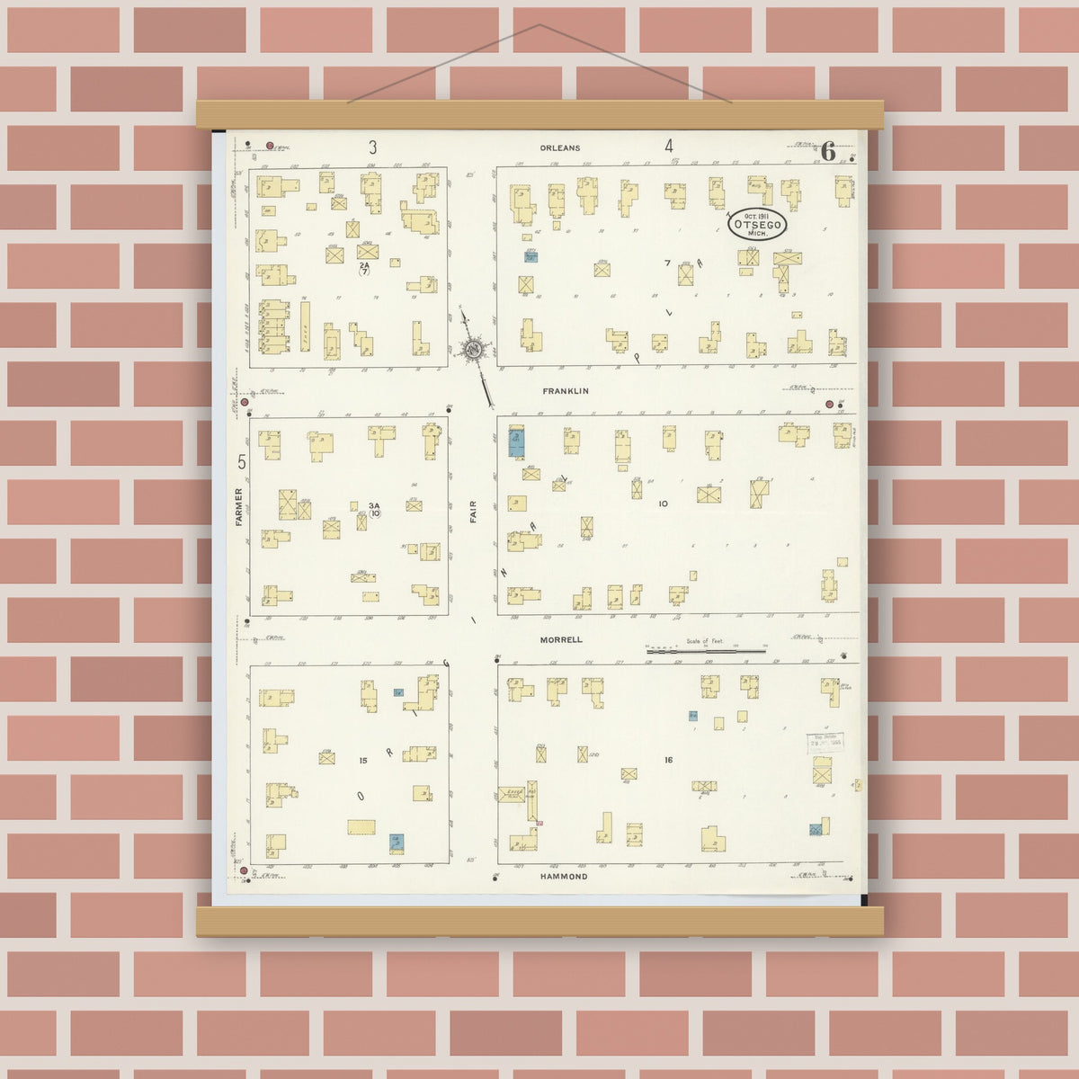 Old map wall art mockup — magnetic wood frame on brick wall — Sanborn Fire Insurance Map from Otsego, Allegan County, Michigan (1911), Sheet #0006
