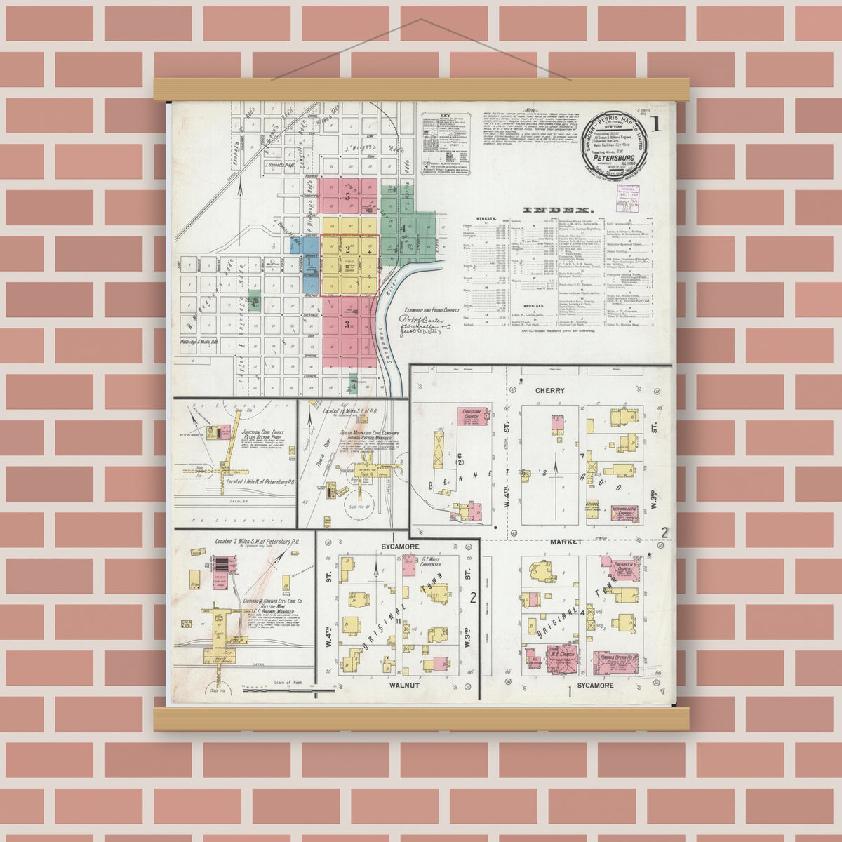 Old map wall art mockup — magnetic wood frame on brick wall — Sanborn Fire Insurance Map from Petersburg, Menard County, Illinois (1901) - Complete Map Set