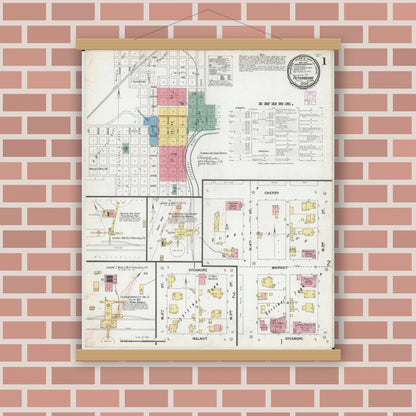Old map wall art mockup — magnetic wood frame on brick wall — Sanborn Fire Insurance Map from Petersburg, Menard County, Illinois (1901) - Complete Map Set