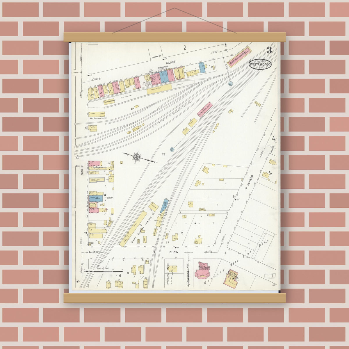 Old map wall art mockup — magnetic wood frame on brick wall — Sanborn Fire Insurance Map from West Chicago, Du Page County, Illinois (1912), Sheet #0003