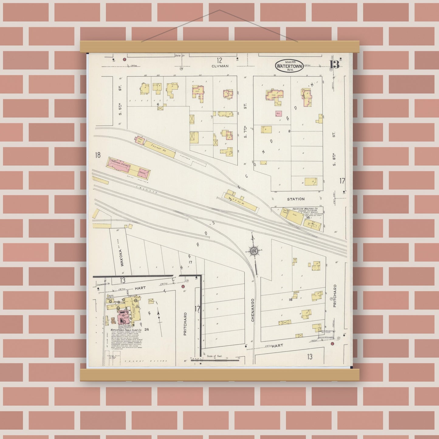 Old map wall art mockup — magnetic wood frame on brick wall — Sanborn Fire Insurance Map from Watertown, Jefferson County, Wisconsin (1915), Sheet #0014