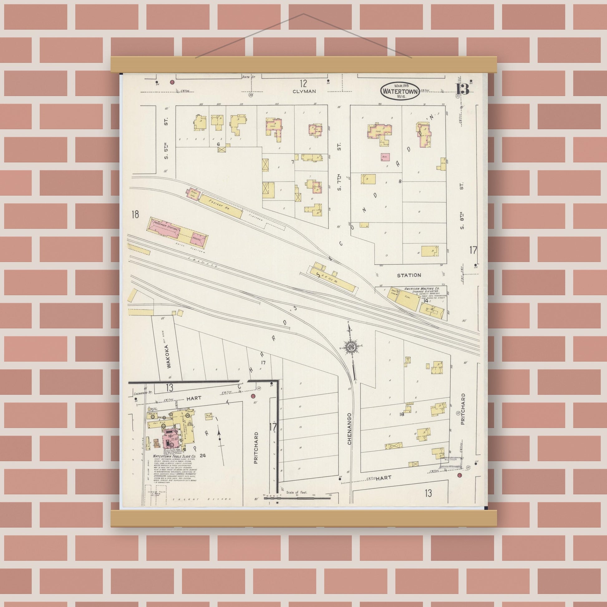 Old map wall art mockup — magnetic wood frame on brick wall — Sanborn Fire Insurance Map from Watertown, Jefferson County, Wisconsin (1915), Sheet #0014