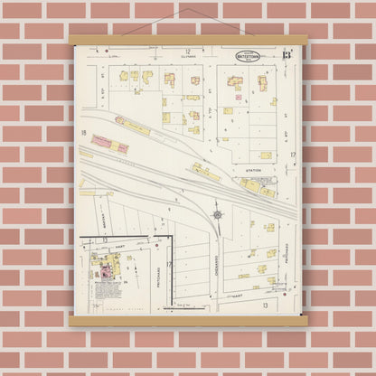 Old map wall art mockup — magnetic wood frame on brick wall — Sanborn Fire Insurance Map from Watertown, Jefferson County, Wisconsin (1915), Sheet #0014