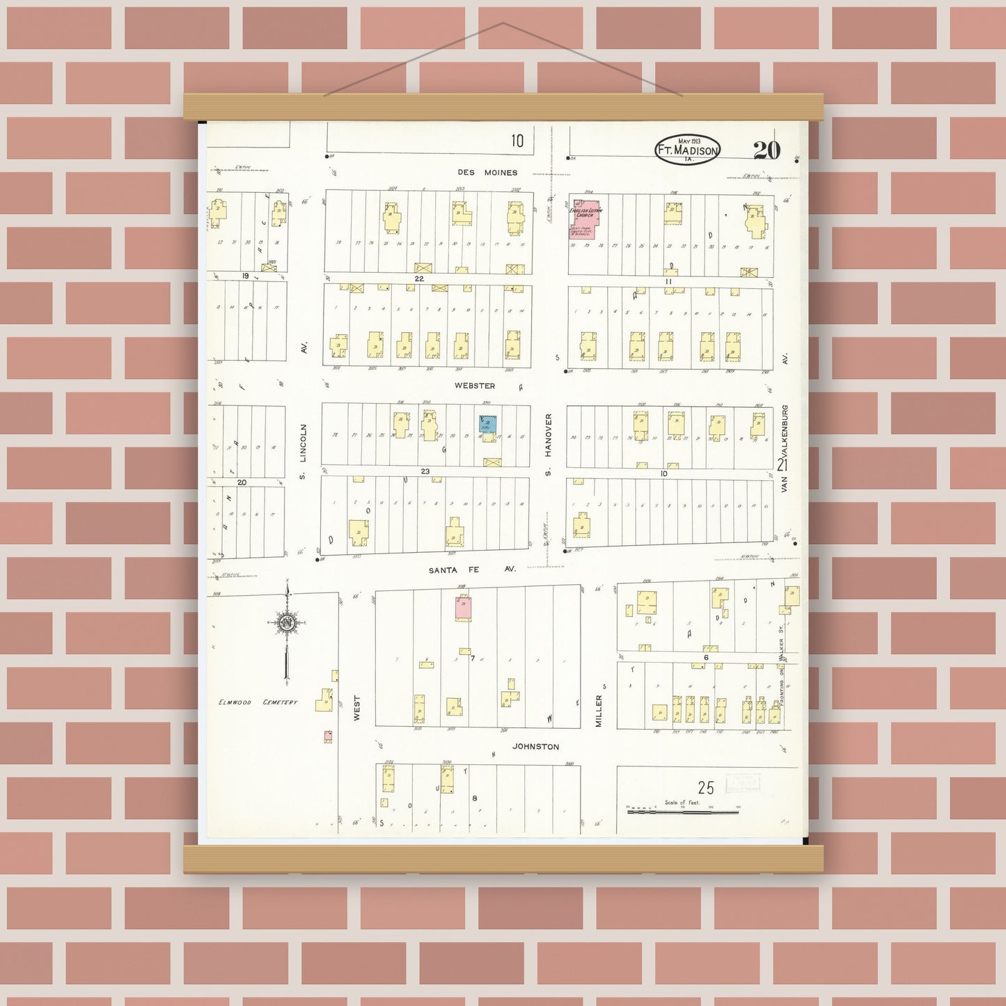 Old map wall art mockup — magnetic wood frame on brick wall — Sanborn Fire Insurance Map from Fort Madison, Lee County, Iowa (1913), Sheet #0020