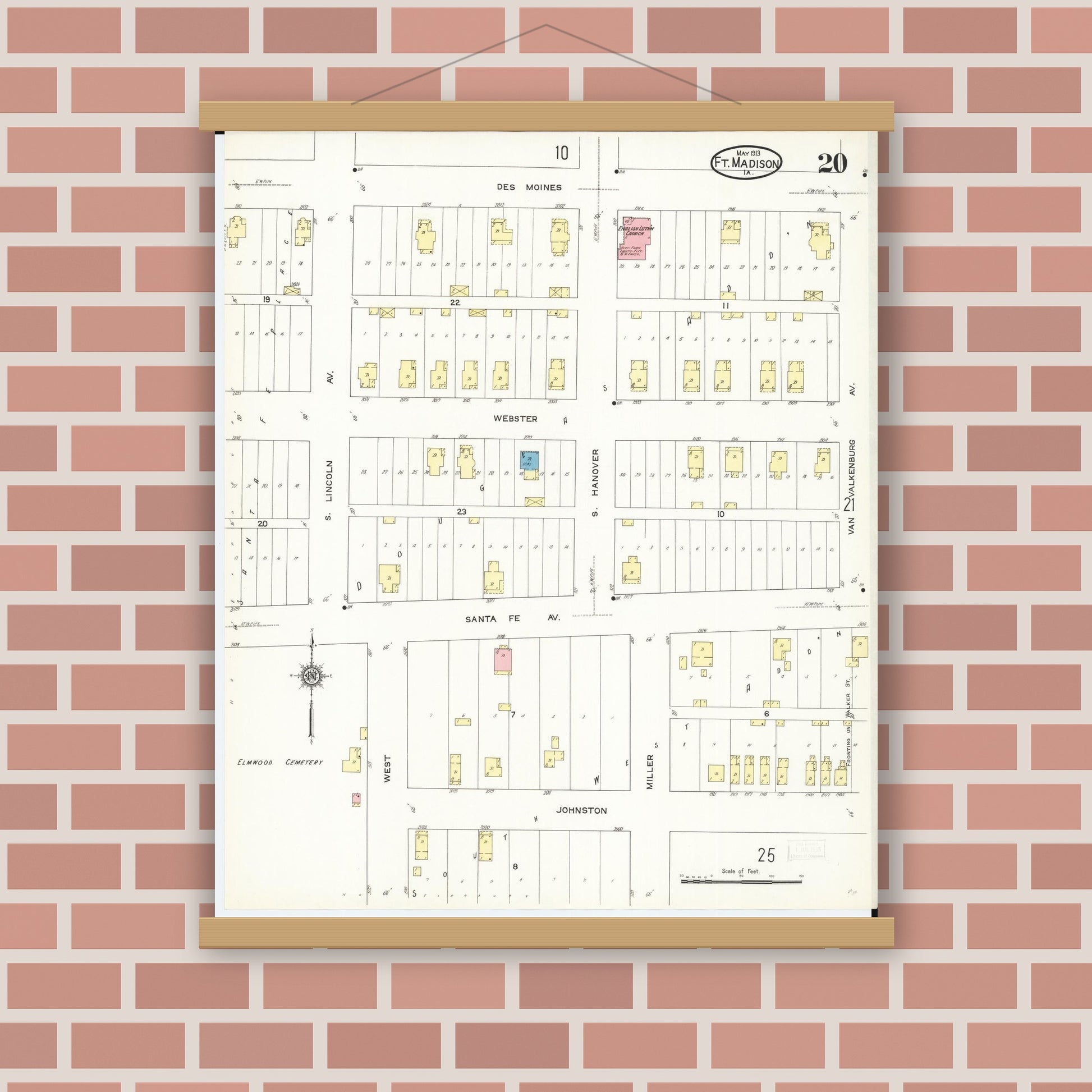 Old map wall art mockup — magnetic wood frame on brick wall — Sanborn Fire Insurance Map from Fort Madison, Lee County, Iowa (1913), Sheet #0020