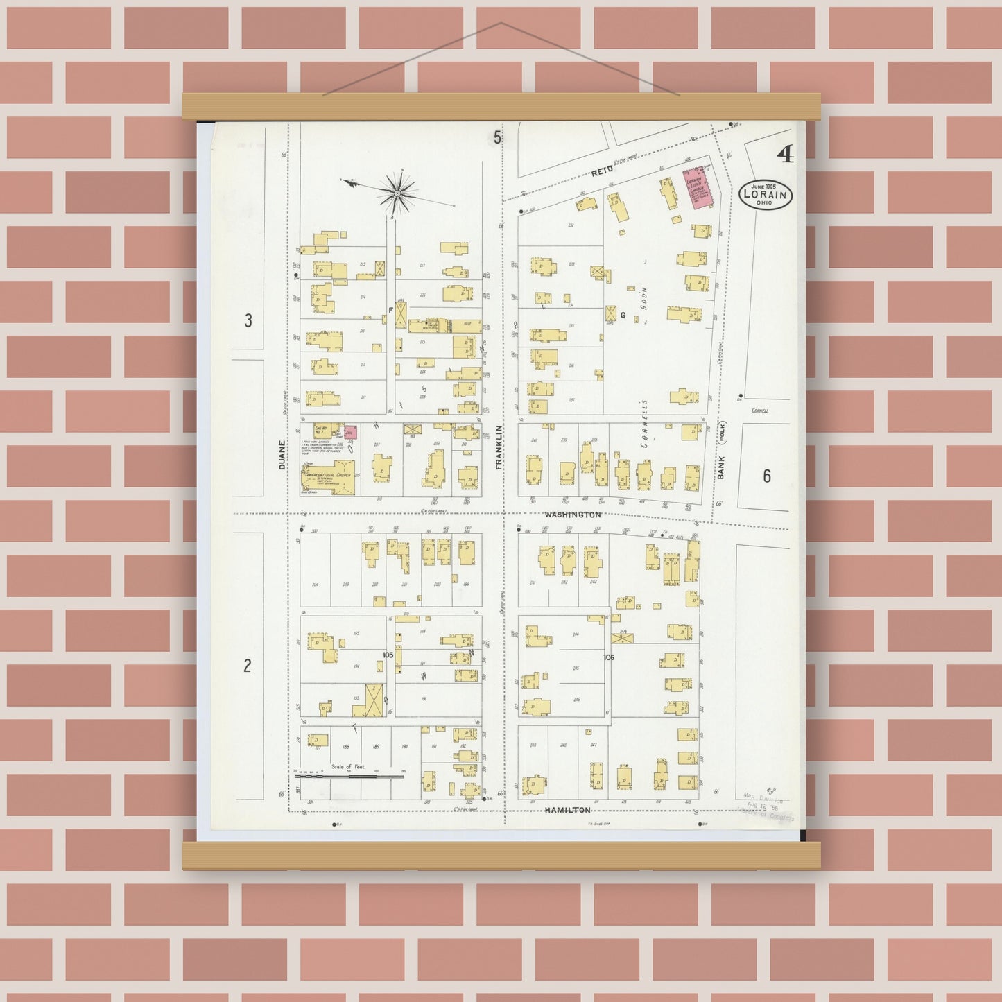 Old map wall art mockup — magnetic wood frame on brick wall — Sanborn Fire Insurance Map from Lorain, Lorain County, Ohio (1905), Sheet #0004