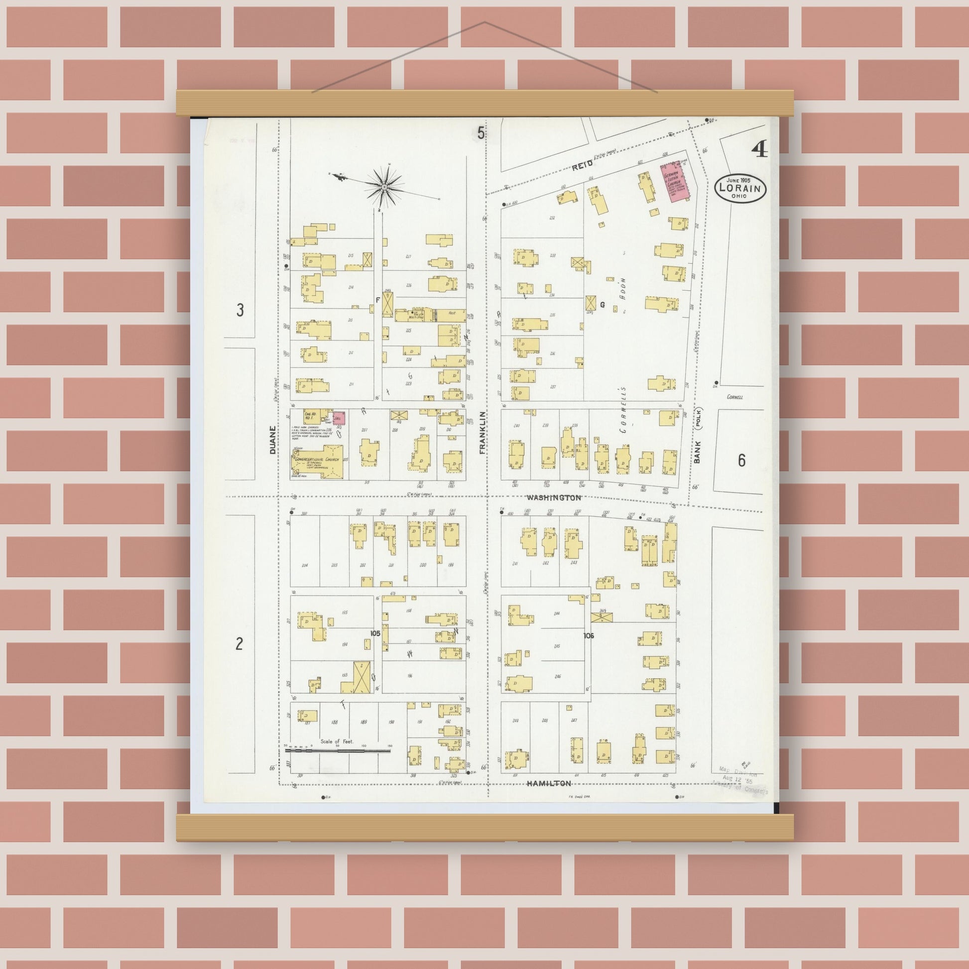 Old map wall art mockup — magnetic wood frame on brick wall — Sanborn Fire Insurance Map from Lorain, Lorain County, Ohio (1905), Sheet #0004