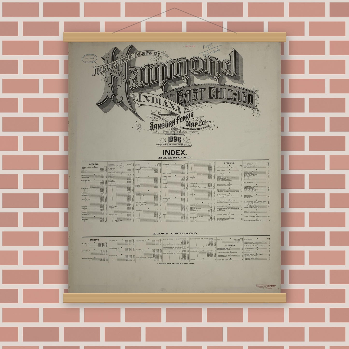 Old map wall art mockup — magnetic wood frame on brick wall — Sanborn Fire Insurance Map from Hammond, Lake County, Indiana (1898), Sheet #0001