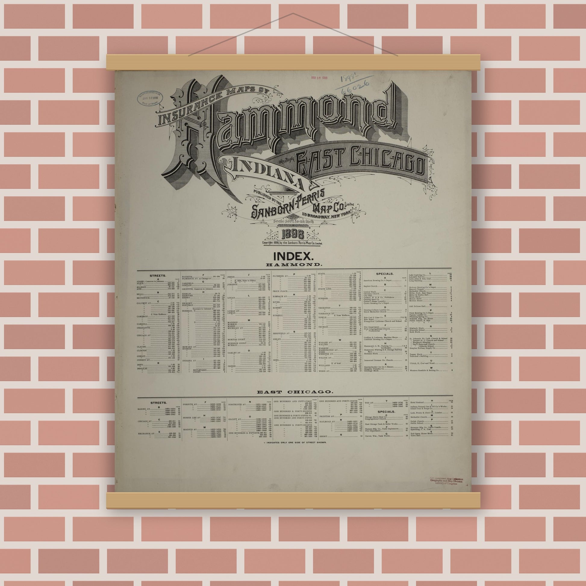 Old map wall art mockup — magnetic wood frame on brick wall — Sanborn Fire Insurance Map from Hammond, Lake County, Indiana (1898), Sheet #0001