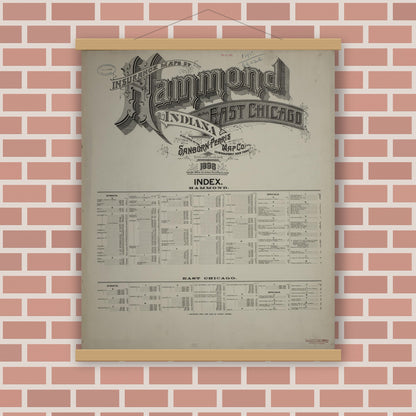 Old map wall art mockup — magnetic wood frame on brick wall — Sanborn Fire Insurance Map from Hammond, Lake County, Indiana (1898), Sheet #0001