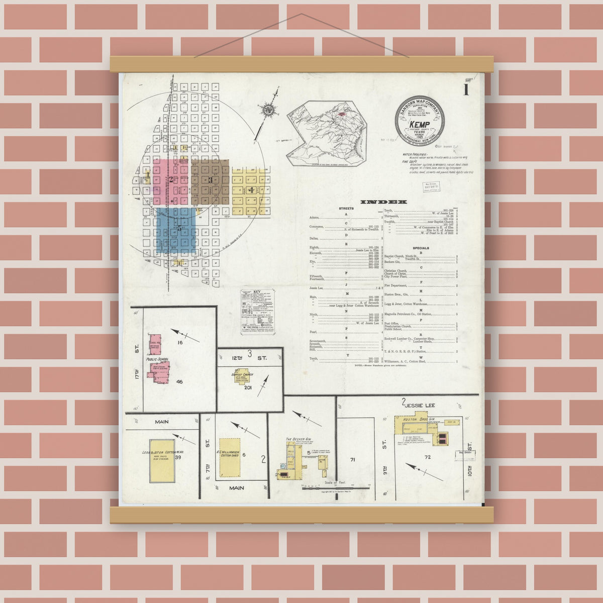Old map wall art mockup — magnetic wood frame on brick wall — Sanborn Fire Insurance Map from Kemp, Kaufman County, Texas (1921) - Complete Map Set