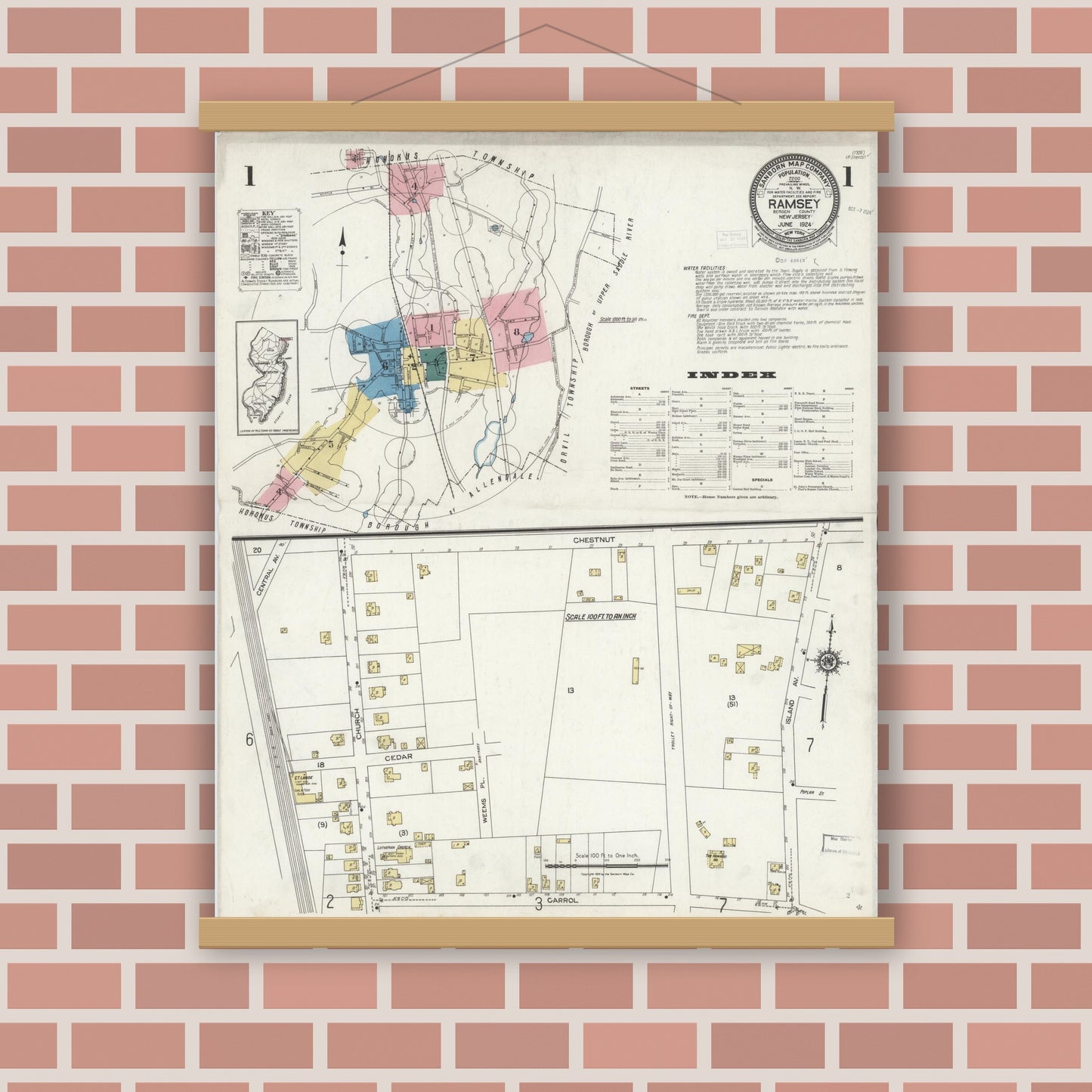 Old map wall art mockup — magnetic wood frame on brick wall — Sanborn Fire Insurance Map from Ramsey, Bergen County, New Jersey (1924) - Complete Map Set