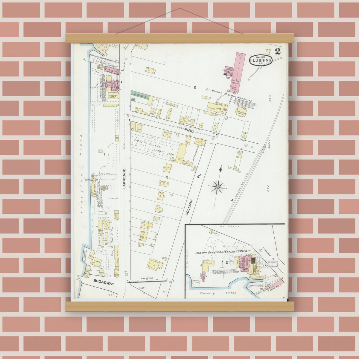 Old map wall art mockup — magnetic wood frame on brick wall — Sanborn Fire Insurance Map from Flushing, Queens County, New York (1892), Sheet #0002