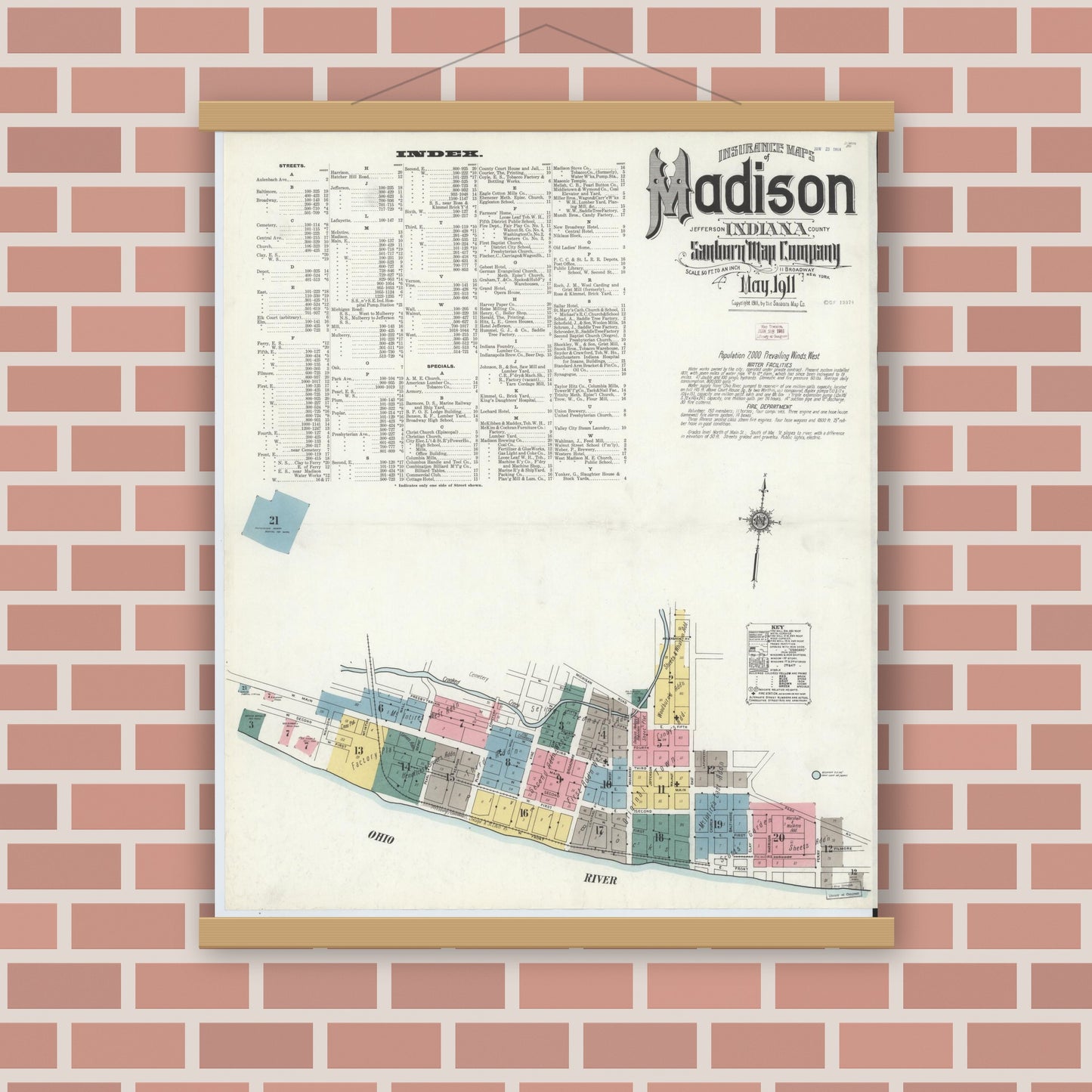 Old map wall art mockup — magnetic wood frame on brick wall — Sanborn Fire Insurance Map from Madison, Jefferson County, Indiana (1911) - Complete Map Set