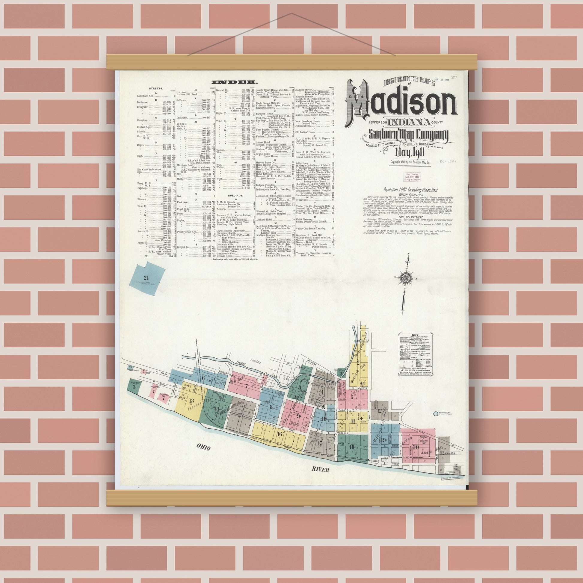 Old map wall art mockup — magnetic wood frame on brick wall — Sanborn Fire Insurance Map from Madison, Jefferson County, Indiana (1911) - Complete Map Set