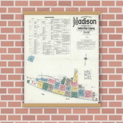 Old map wall art mockup — magnetic wood frame on brick wall — Sanborn Fire Insurance Map from Madison, Jefferson County, Indiana (1911) - Complete Map Set