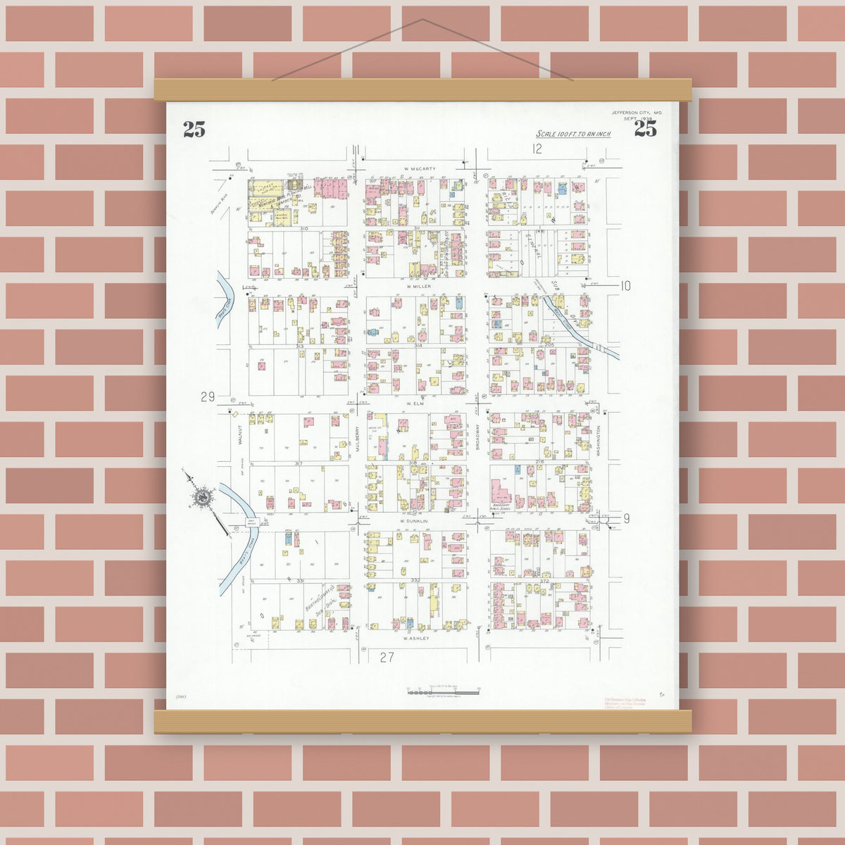Old map wall art mockup — magnetic wood frame on brick wall — Sanborn Fire Insurance Map from Jefferson City, Cole County, Missouri (1939), Sheet #0025