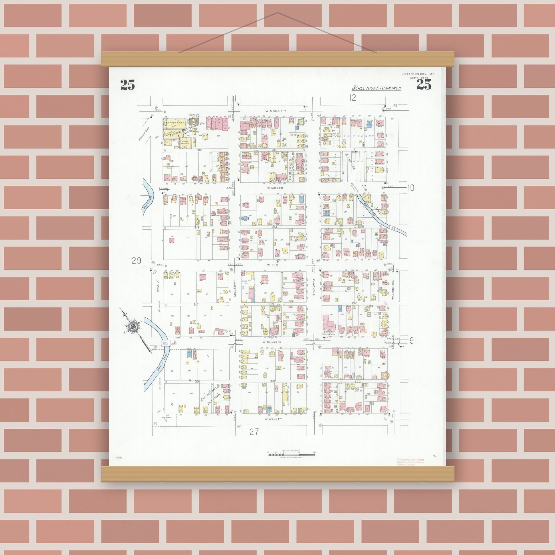 Old map wall art mockup — magnetic wood frame on brick wall — Sanborn Fire Insurance Map from Jefferson City, Cole County, Missouri (1939), Sheet #0025