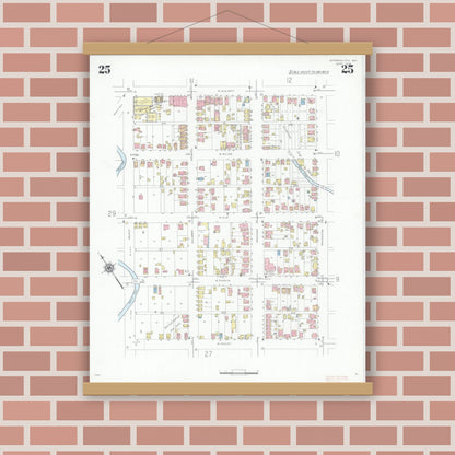 Old map wall art mockup — magnetic wood frame on brick wall — Sanborn Fire Insurance Map from Jefferson City, Cole County, Missouri (1939), Sheet #0025