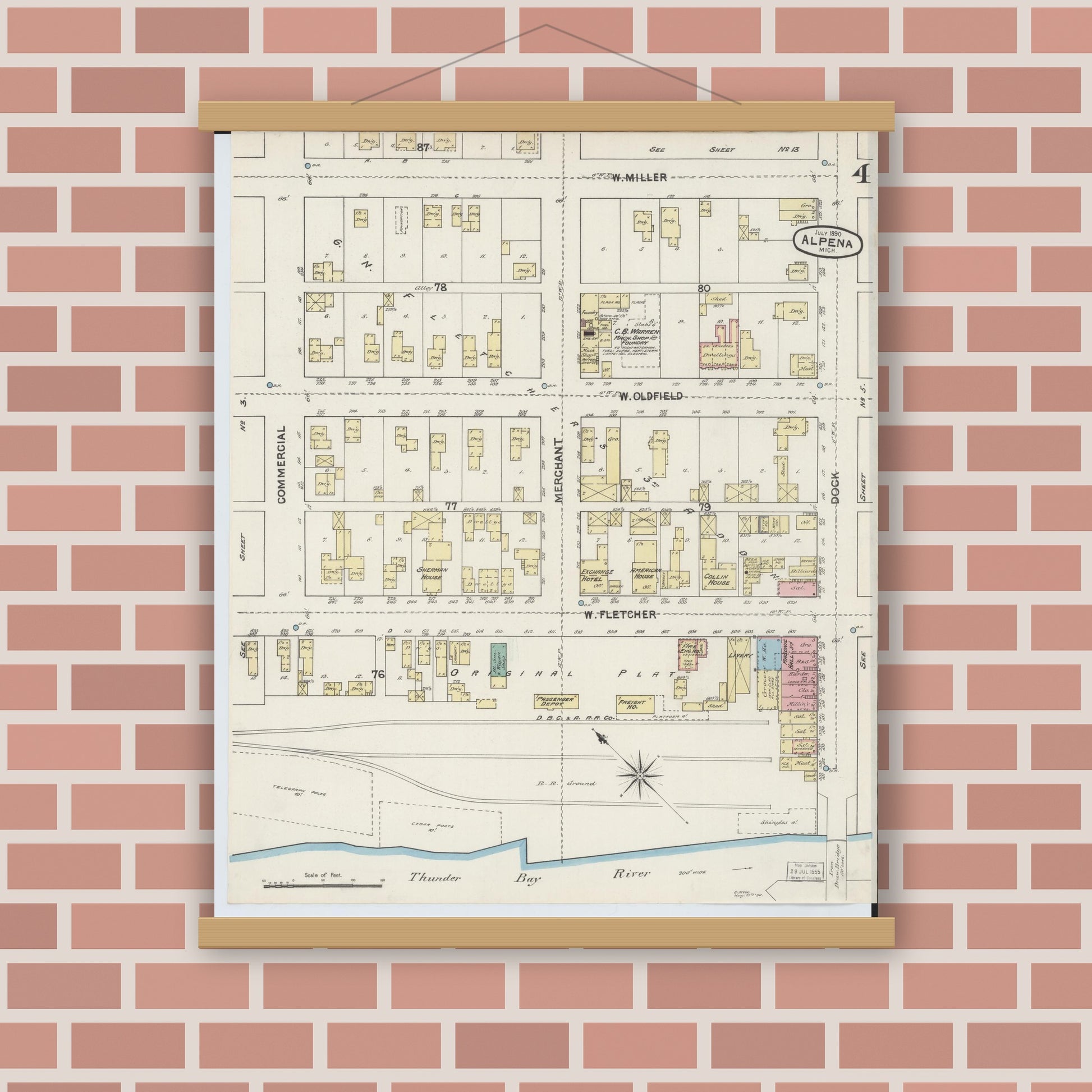 Old map wall art mockup — magnetic wood frame on brick wall — Sanborn Fire Insurance Map from Alpena, Alpena County, Michigan (1890), Sheet #0004