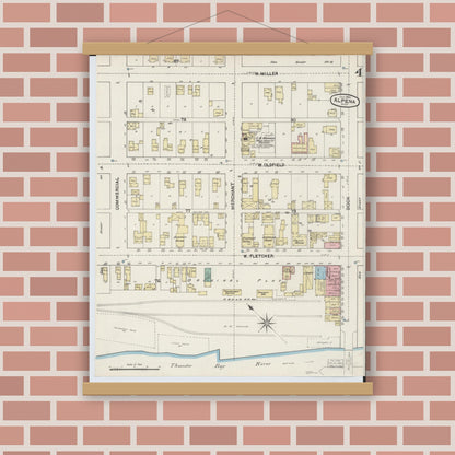 Old map wall art mockup — magnetic wood frame on brick wall — Sanborn Fire Insurance Map from Alpena, Alpena County, Michigan (1890), Sheet #0004