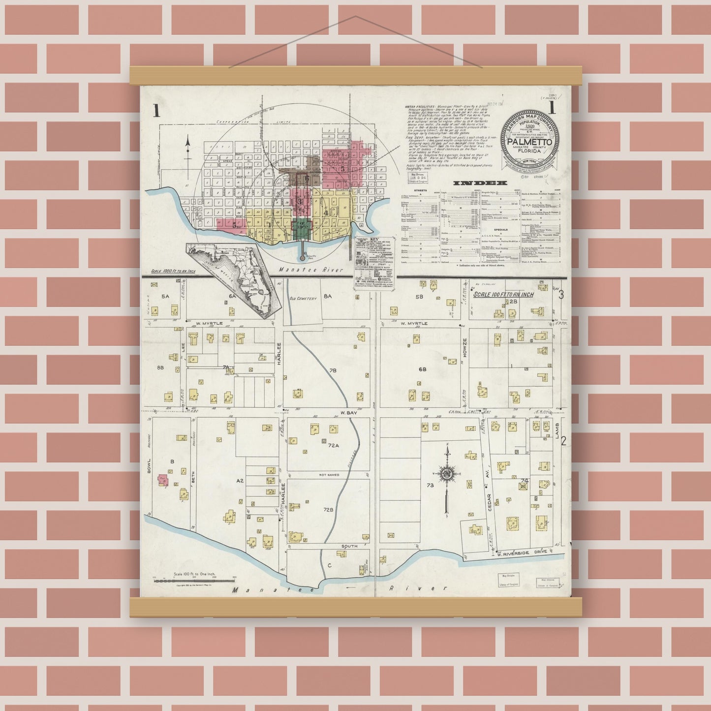 Old map wall art mockup — magnetic wood frame on brick wall — Sanborn Fire Insurance Map from Palmetto, Manatee County, Florida (1923) - Complete Map Set