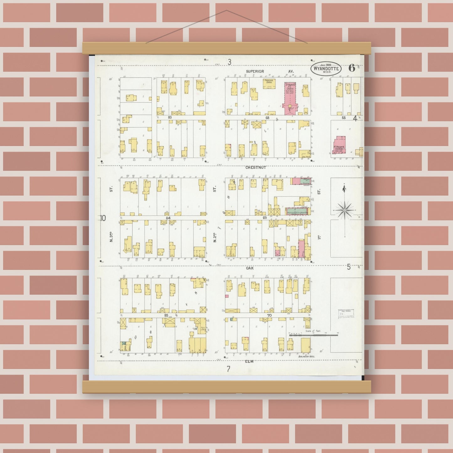 Old map wall art mockup — magnetic wood frame on brick wall — Sanborn Fire Insurance Map from Wyandotte, Wayne County, Michigan (1900), Sheet #0006