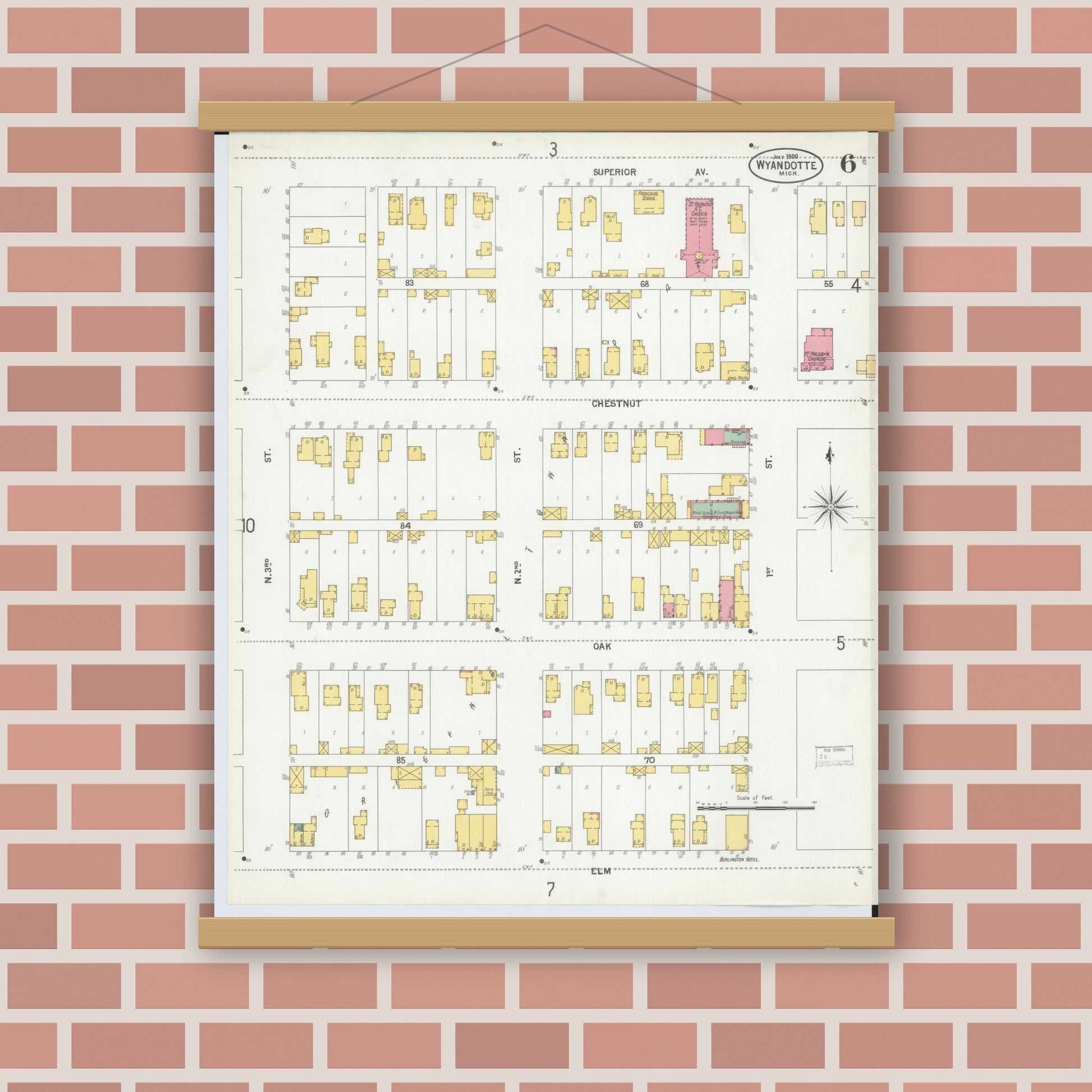 Old map wall art mockup — magnetic wood frame on brick wall — Sanborn Fire Insurance Map from Wyandotte, Wayne County, Michigan (1900), Sheet #0006