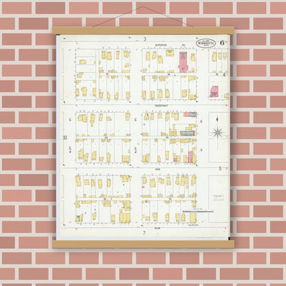 Old map wall art mockup — magnetic wood frame on brick wall — Sanborn Fire Insurance Map from Wyandotte, Wayne County, Michigan (1900), Sheet #0006