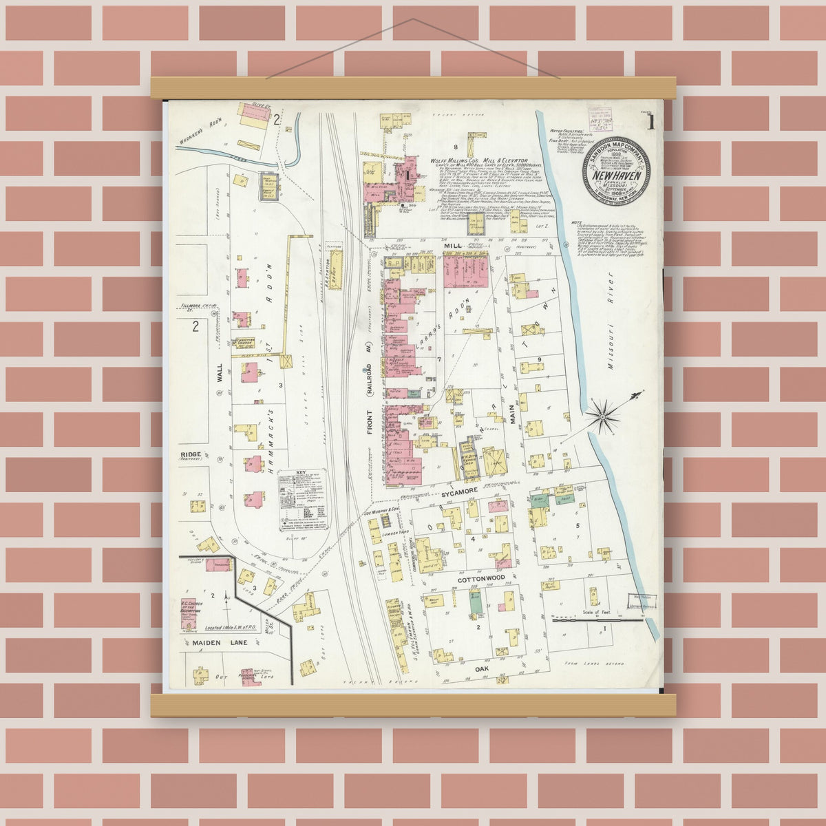 Old map wall art mockup — magnetic wood frame on brick wall — Sanborn Fire Insurance Map from New Haven, Franklin County, Missouri (1908) - Complete Map Set