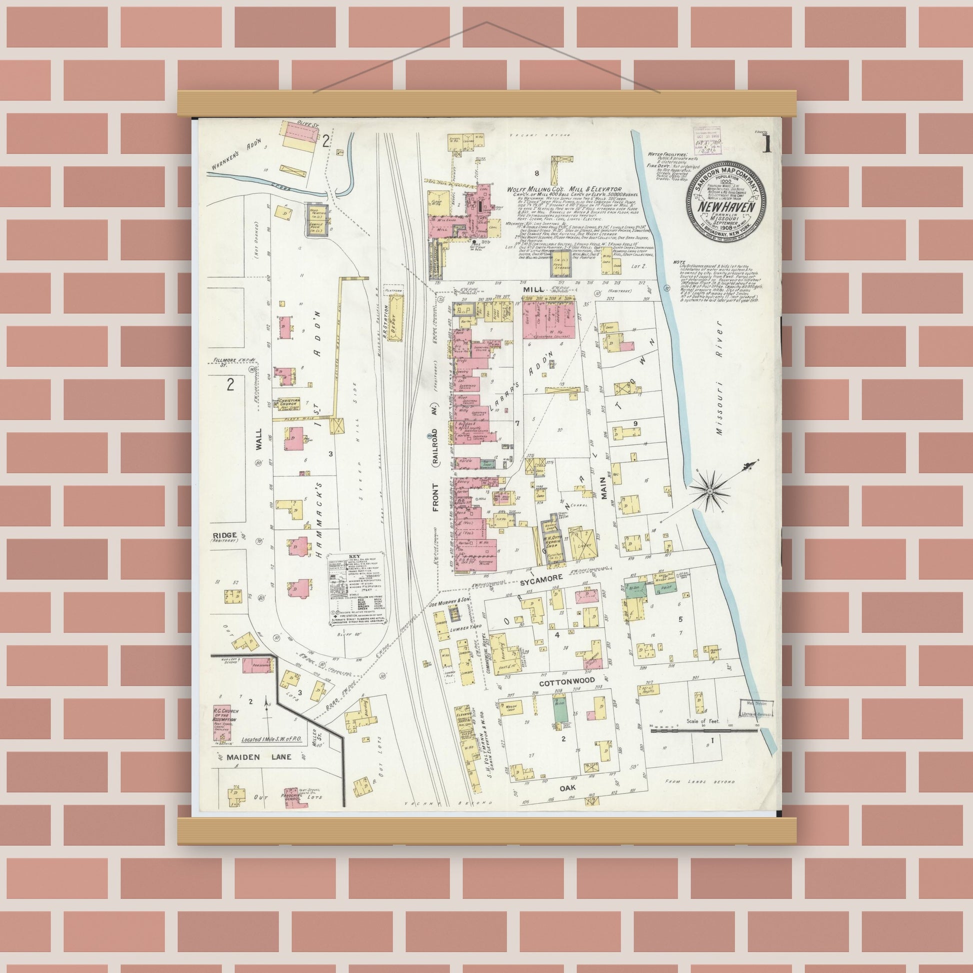 Old map wall art mockup — magnetic wood frame on brick wall — Sanborn Fire Insurance Map from New Haven, Franklin County, Missouri (1908) - Complete Map Set