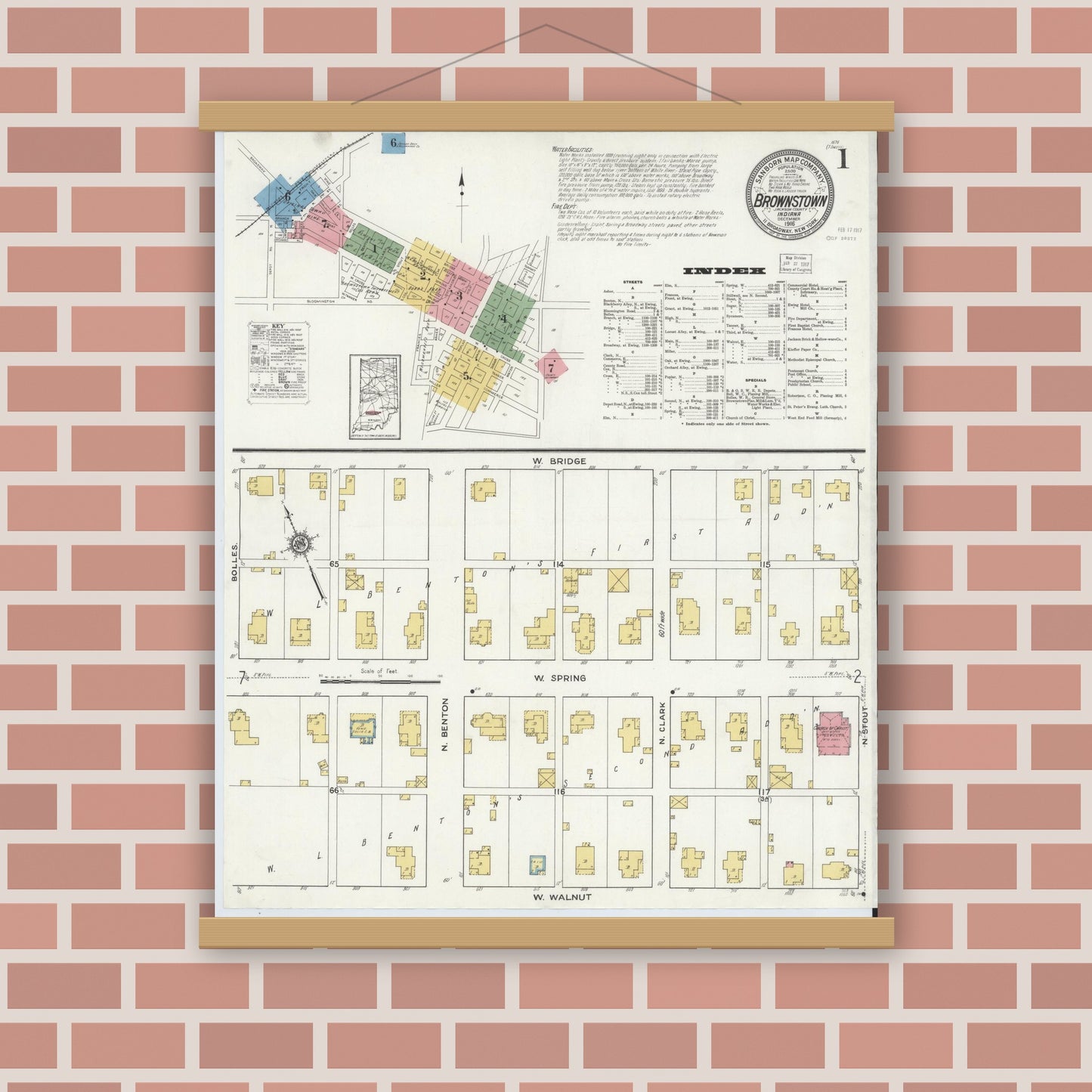 Old map wall art mockup — magnetic wood frame on brick wall — Sanborn Fire Insurance Map from Brownstown, Jackson County, Indiana (1916), Sheet #0001