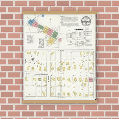Old map wall art mockup — magnetic wood frame on brick wall — Sanborn Fire Insurance Map from Brownstown, Jackson County, Indiana (1916), Sheet #0001