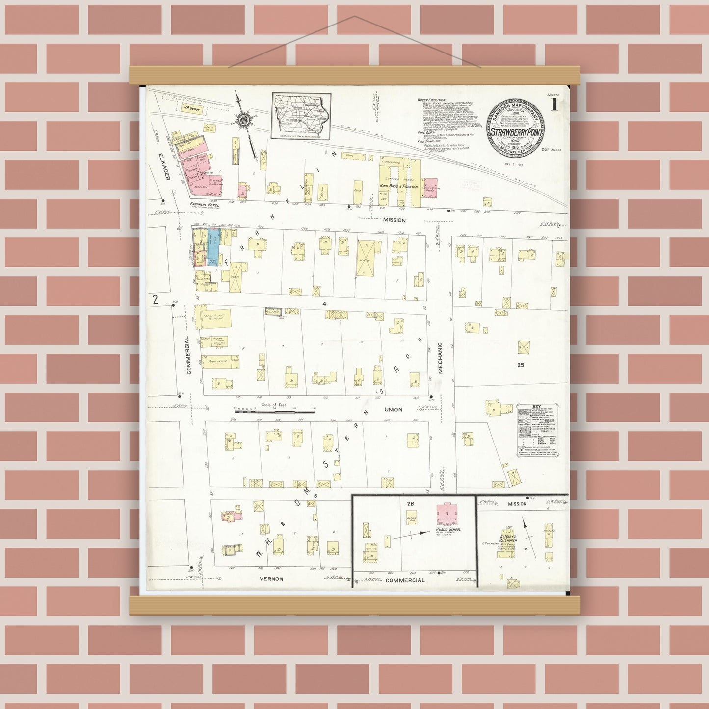 Old map wall art mockup — magnetic wood frame on brick wall — Sanborn Fire Insurance Map from Strawberry Point, Clayton County, Iowa (1913), Sheet #0001