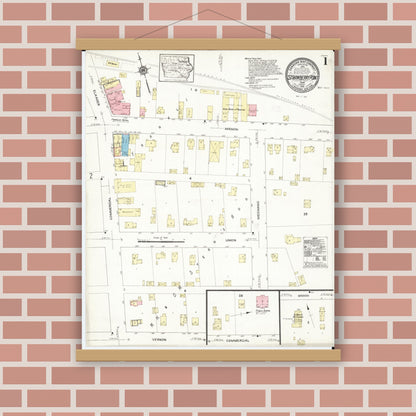 Old map wall art mockup — magnetic wood frame on brick wall — Sanborn Fire Insurance Map from Strawberry Point, Clayton County, Iowa (1913), Sheet #0001