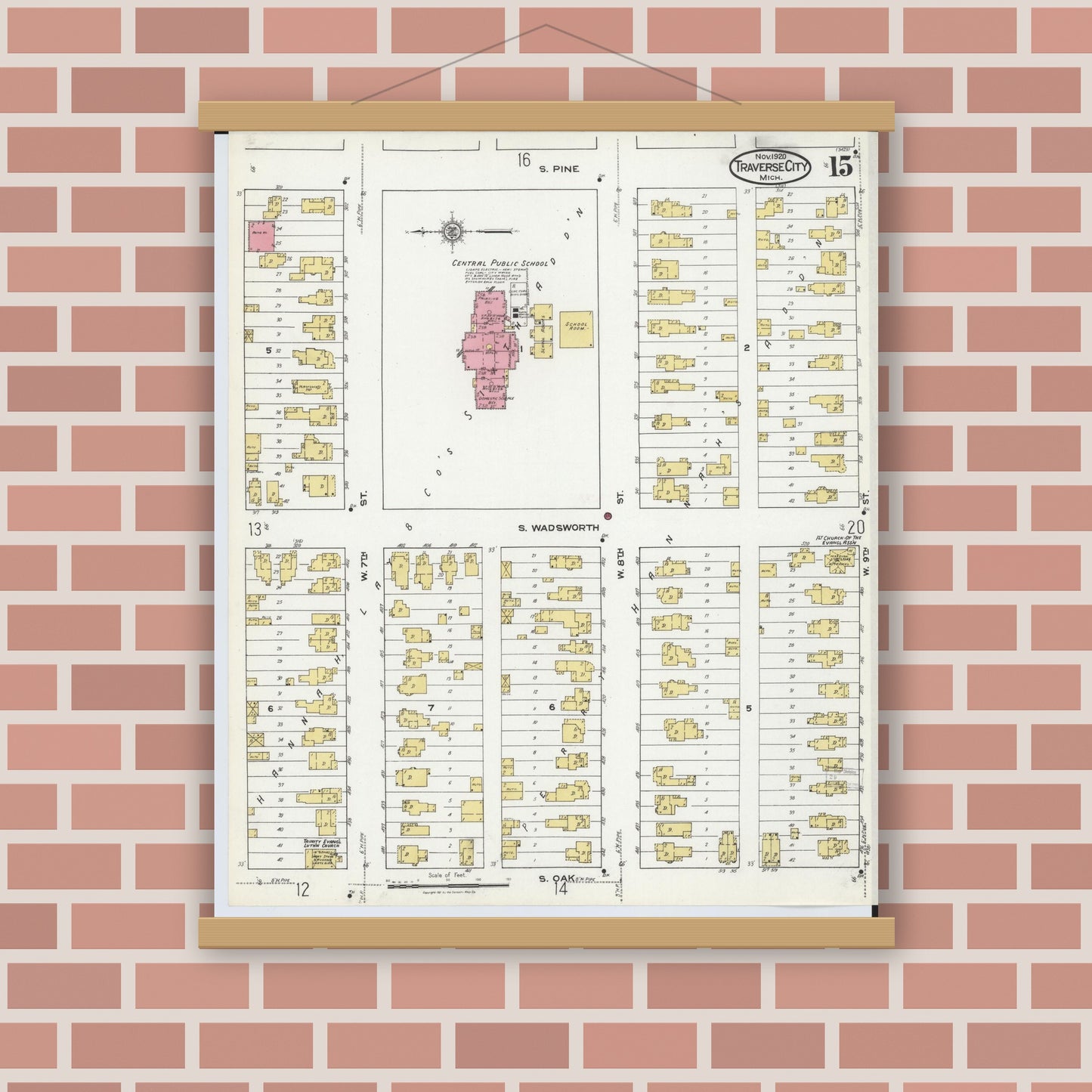 Old map wall art mockup — magnetic wood frame on brick wall — Sanborn Fire Insurance Map from Traverse City, Grand Traverse County, Michigan (1920), Sheet #0015