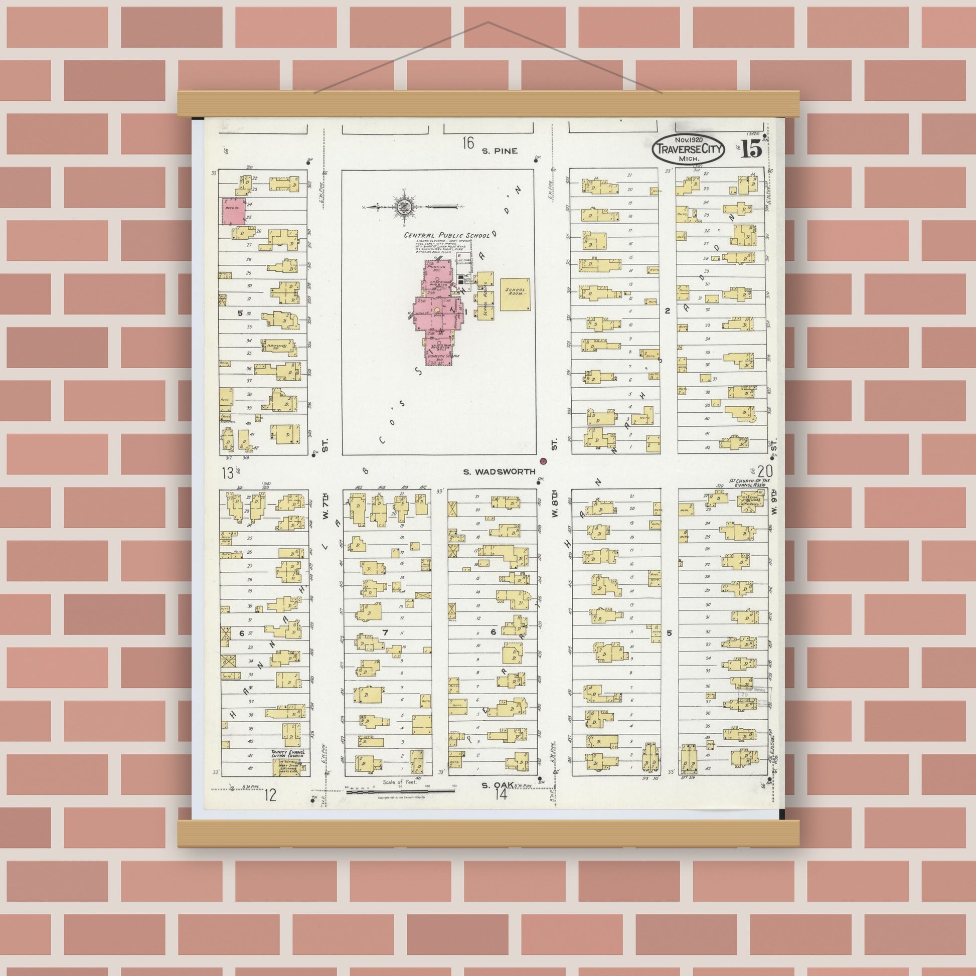 Old map wall art mockup — magnetic wood frame on brick wall — Sanborn Fire Insurance Map from Traverse City, Grand Traverse County, Michigan (1920), Sheet #0015