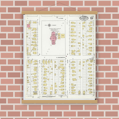 Old map wall art mockup — magnetic wood frame on brick wall — Sanborn Fire Insurance Map from Traverse City, Grand Traverse County, Michigan (1920), Sheet #0015