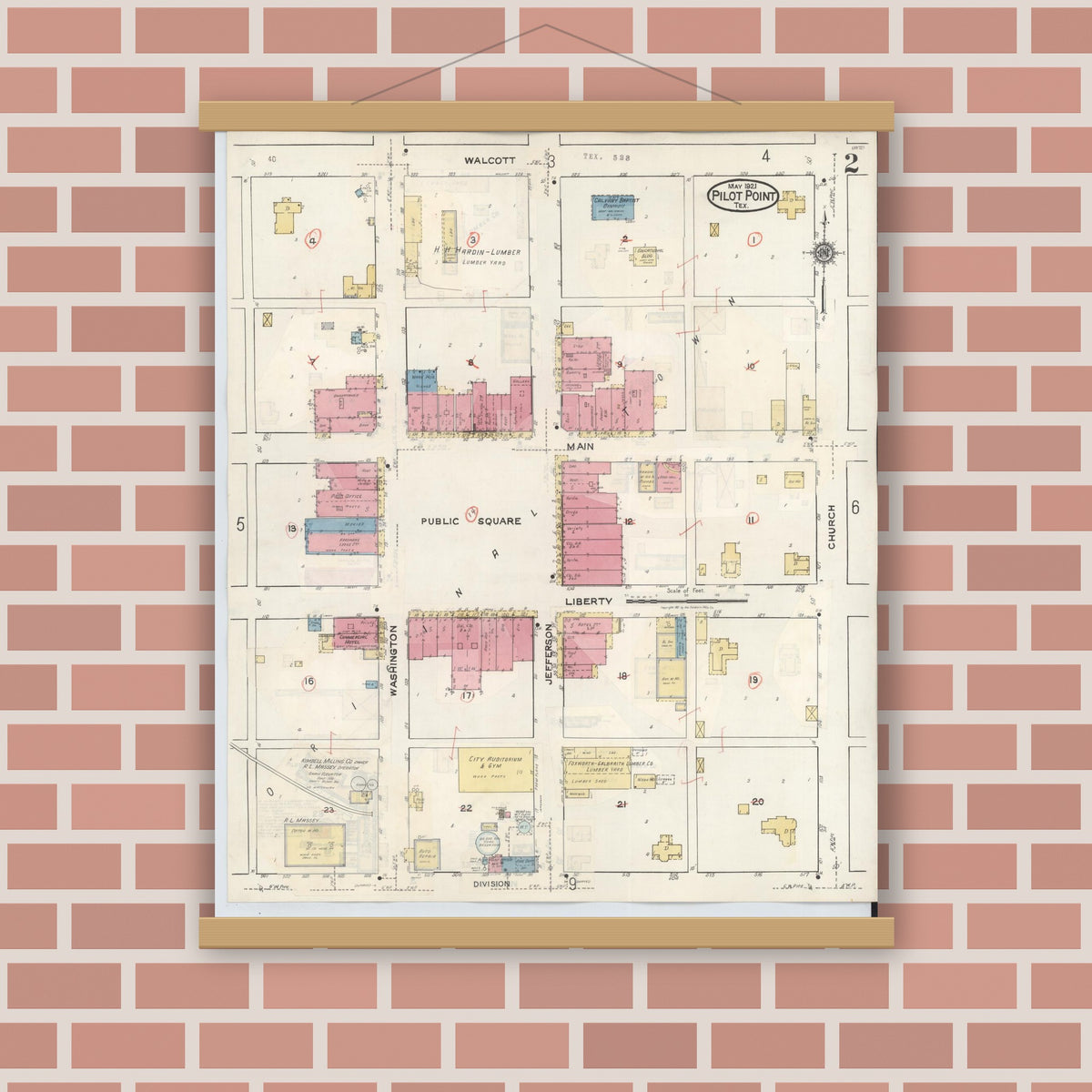 Old map wall art mockup — magnetic wood frame on brick wall — Sanborn Fire Insurance Map from Pilot Point, Denton County, Texas (1940), Sheet #0002