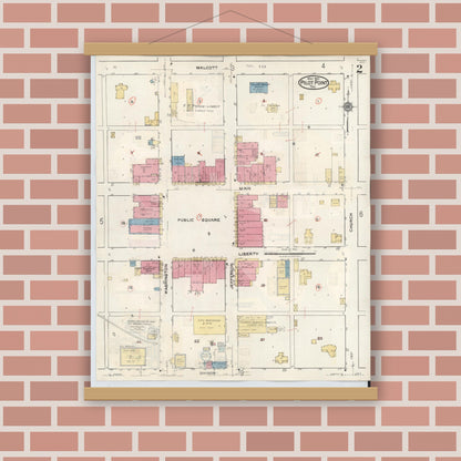 Old map wall art mockup — magnetic wood frame on brick wall — Sanborn Fire Insurance Map from Pilot Point, Denton County, Texas (1940), Sheet #0002