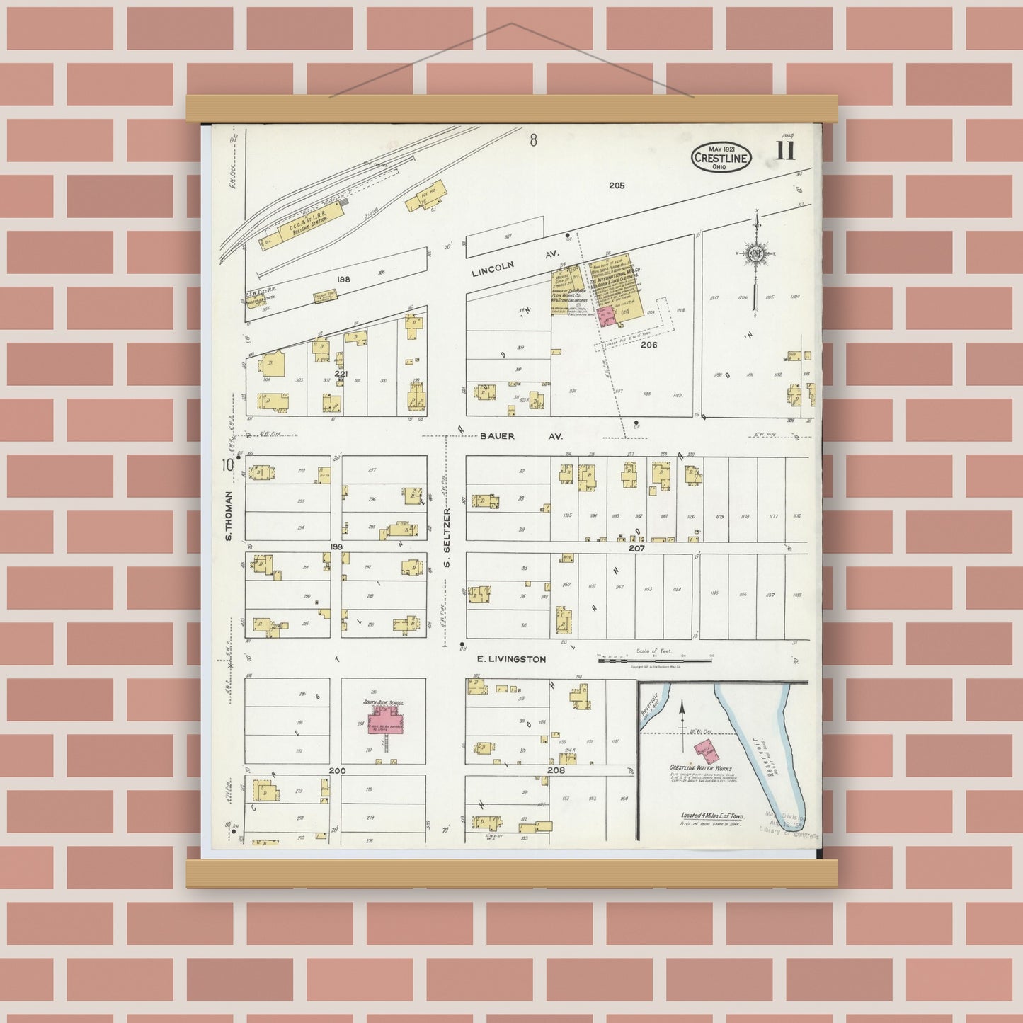 Old map wall art mockup — magnetic wood frame on brick wall — Sanborn Fire Insurance Map from Crestline, Crawford County, Ohio (1921), Sheet #0011