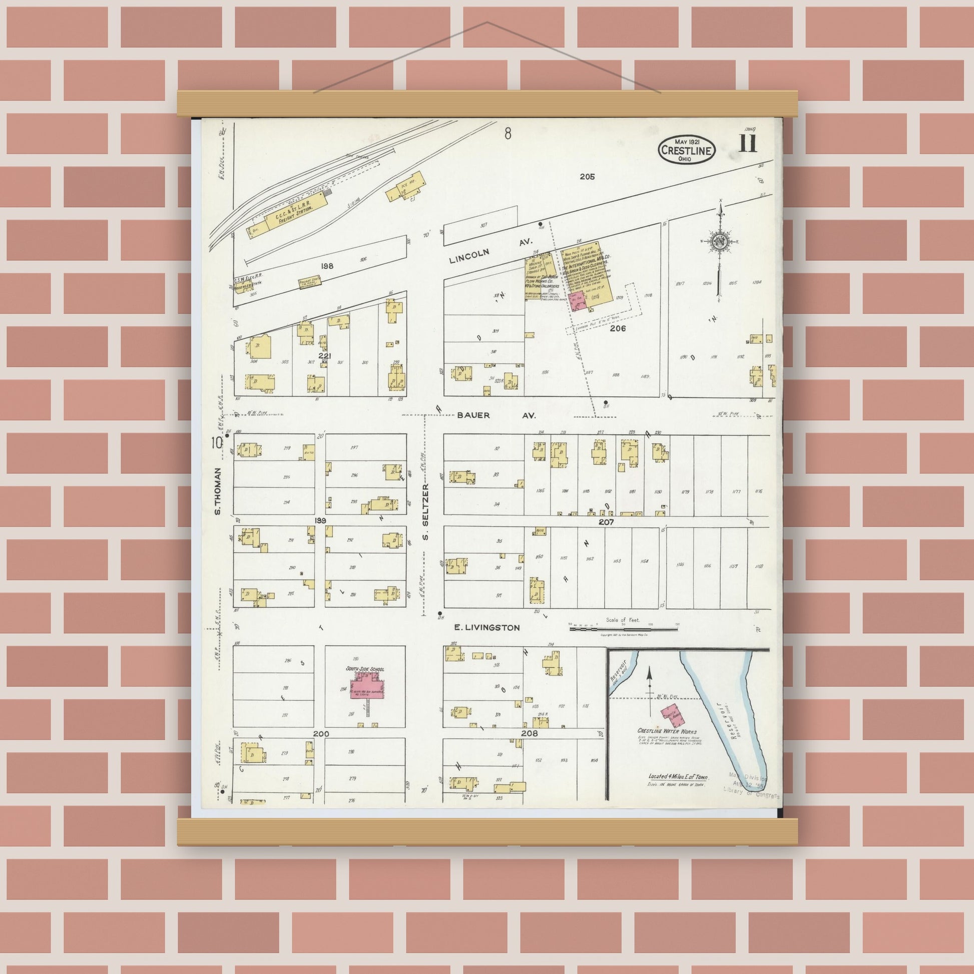 Old map wall art mockup — magnetic wood frame on brick wall — Sanborn Fire Insurance Map from Crestline, Crawford County, Ohio (1921), Sheet #0011