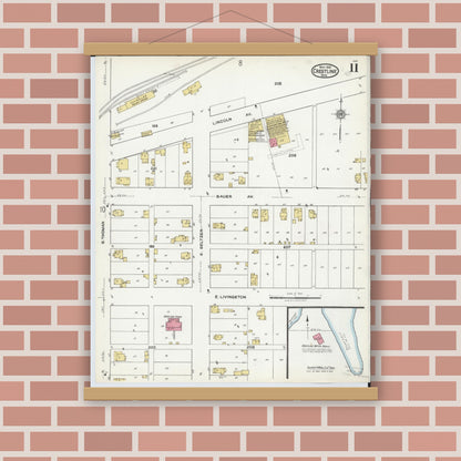 Old map wall art mockup — magnetic wood frame on brick wall — Sanborn Fire Insurance Map from Crestline, Crawford County, Ohio (1921), Sheet #0011