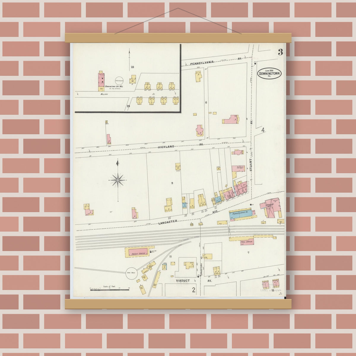 Old map wall art mockup — magnetic wood frame on brick wall — Sanborn Fire Insurance Map from Downingtown, Chester County, Pennsylvania (1898), Sheet #0003