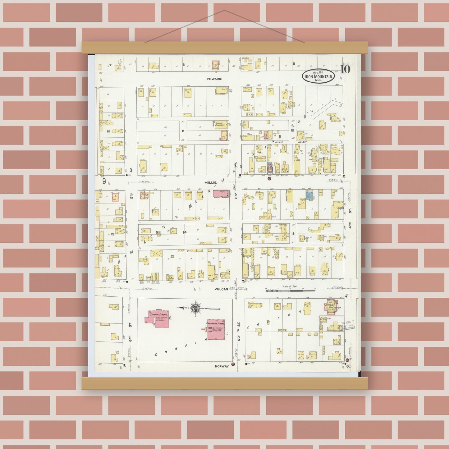 Old map wall art mockup — magnetic wood frame on brick wall — Sanborn Fire Insurance Map from Iron Mountain, Dickinson County, Michigan (1911), Sheet #0010