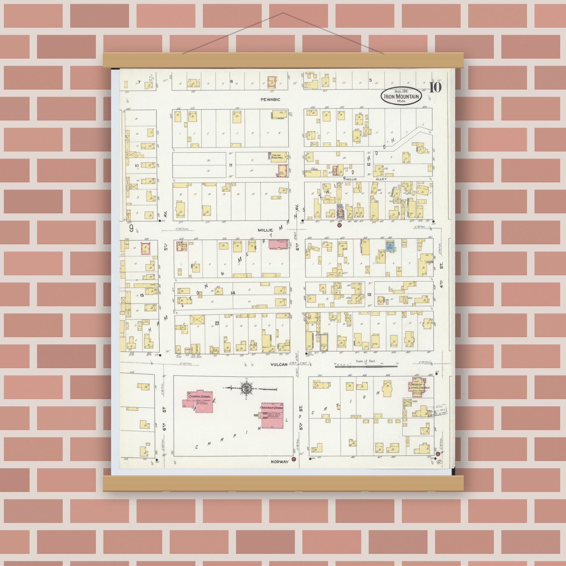 Old map wall art mockup — magnetic wood frame on brick wall — Sanborn Fire Insurance Map from Iron Mountain, Dickinson County, Michigan (1911), Sheet #0010