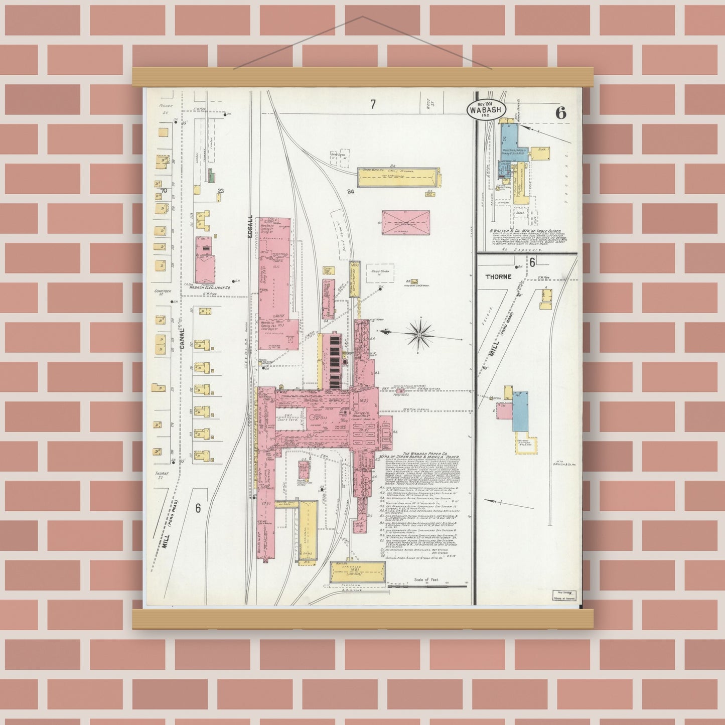 Old map wall art mockup — magnetic wood frame on brick wall — Sanborn Fire Insurance Map from Wabash, Wabash County, Indiana (1901), Sheet #0006