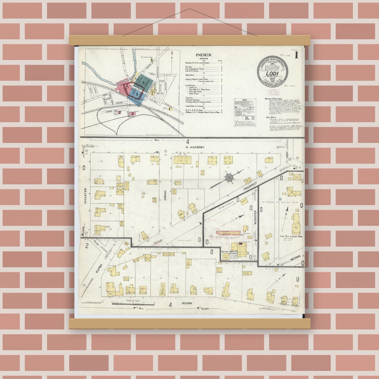 Old map wall art mockup — magnetic wood frame on brick wall — Sanborn Fire Insurance Map from Lodi, Medina County, Ohio (1912) - Complete Map Set